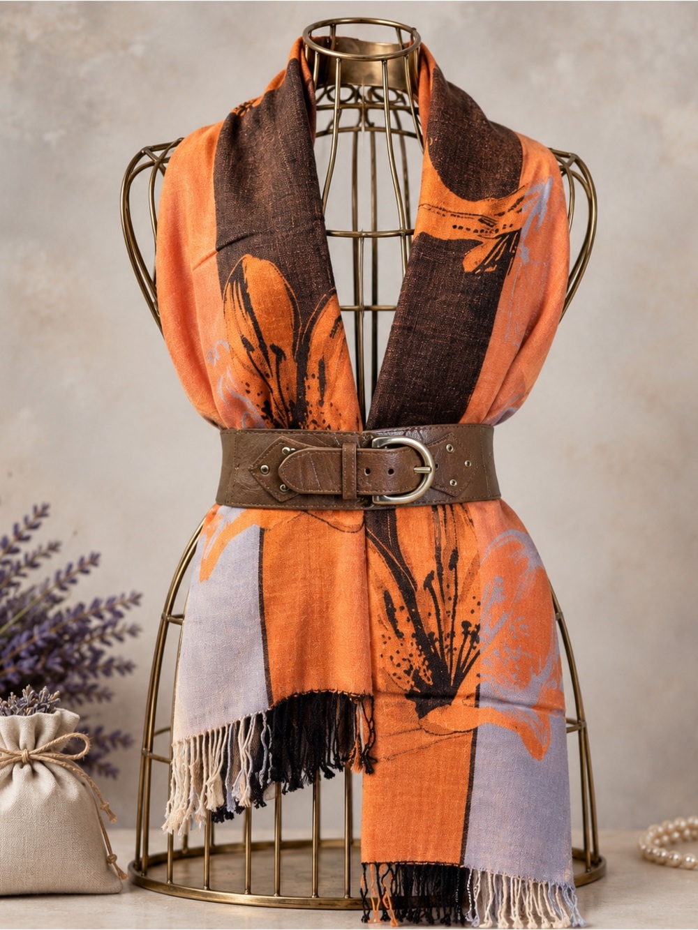2 Piece Pashmina Feel Blanket Scarf & Brown Waist Belt Set